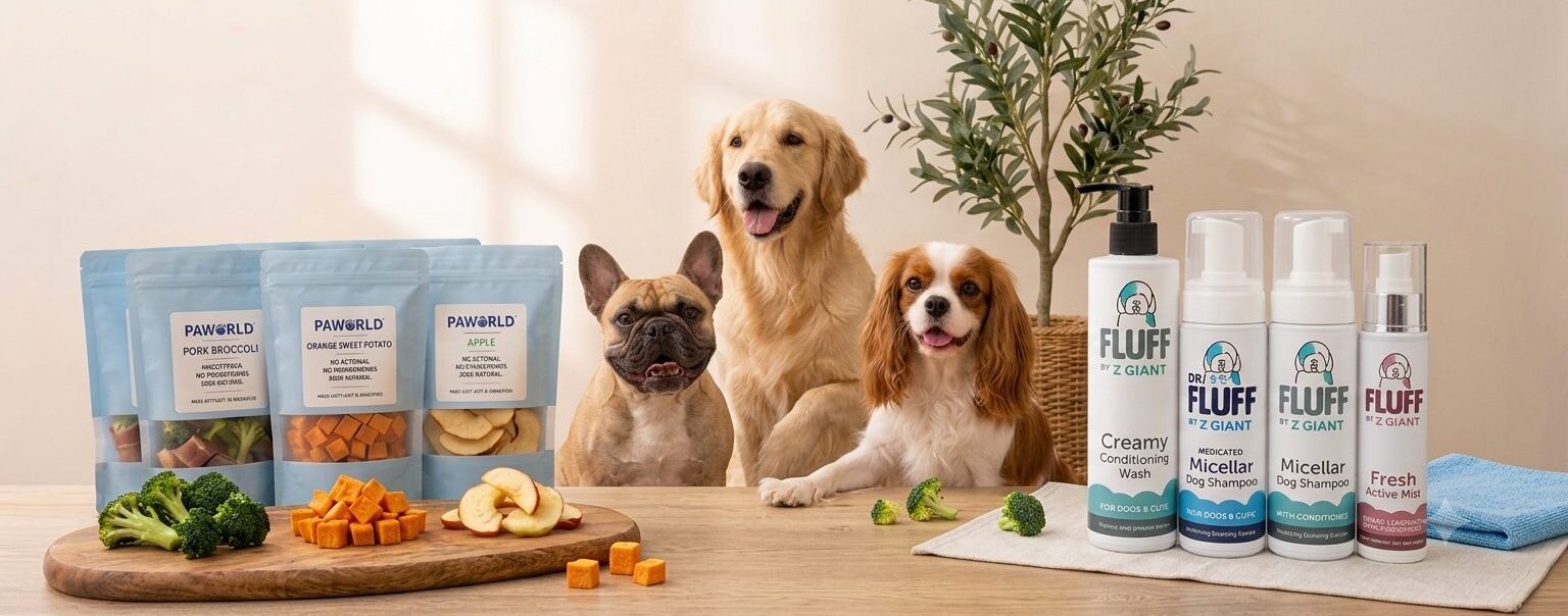 PAWorld natural dog treats and grooming products with a Golden Retriever, French Bulldog, and Cavalier King Charles Spaniel